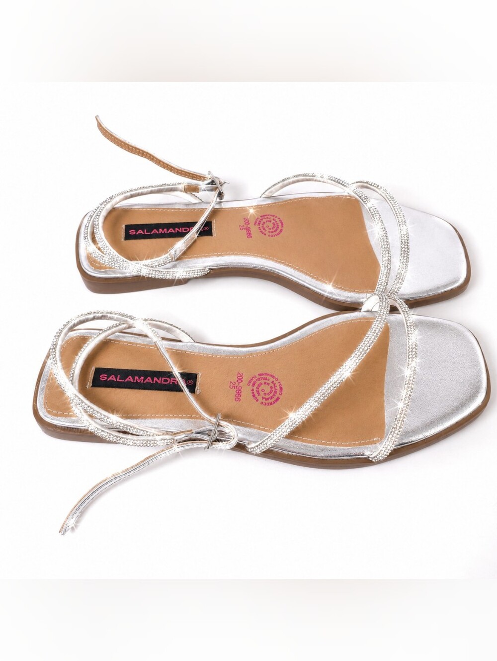 Salamandra Crystal Diamond Silver Strappy Flat Sandals Size 25/8